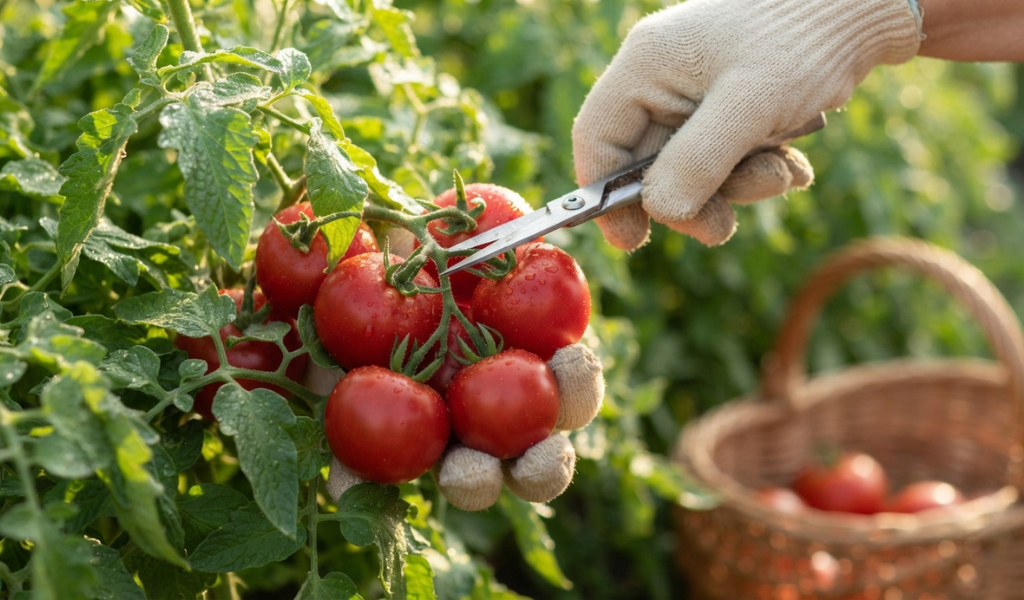 A close-up of a hand using garden snips to harvest a perfectly ripe, deep red Better Bush tomato from a cluster on the vine.