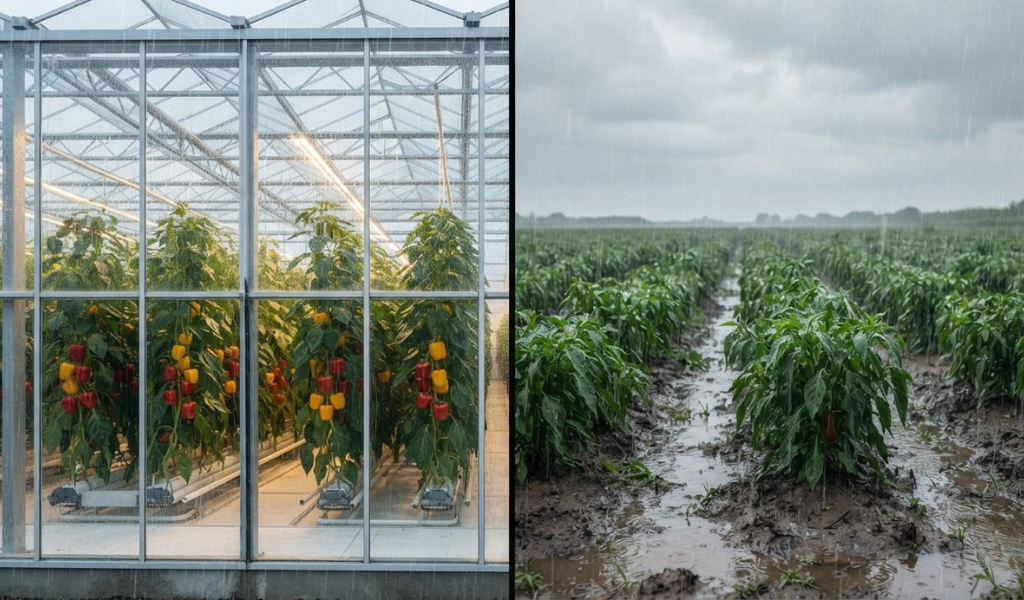 Split-image comparing weather protection: a greenhouse exterior keeps plants dry during rain (left), while an open field is fully exposed to the downpour (right).Caption: Greenhouses shield plants from excessive rain and humidity (left), which can cause fungal diseases common in open-field crops (right).