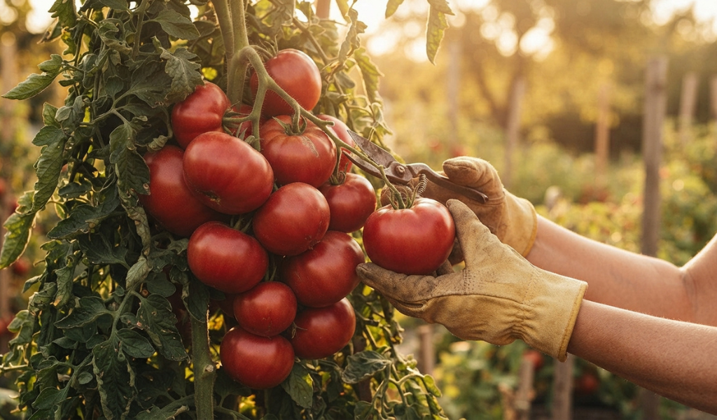 A close-up of a gardener's hand harvesting a cluster of ripe, glossy red tomatoes from a heavily laden vine in a sunlit garden.