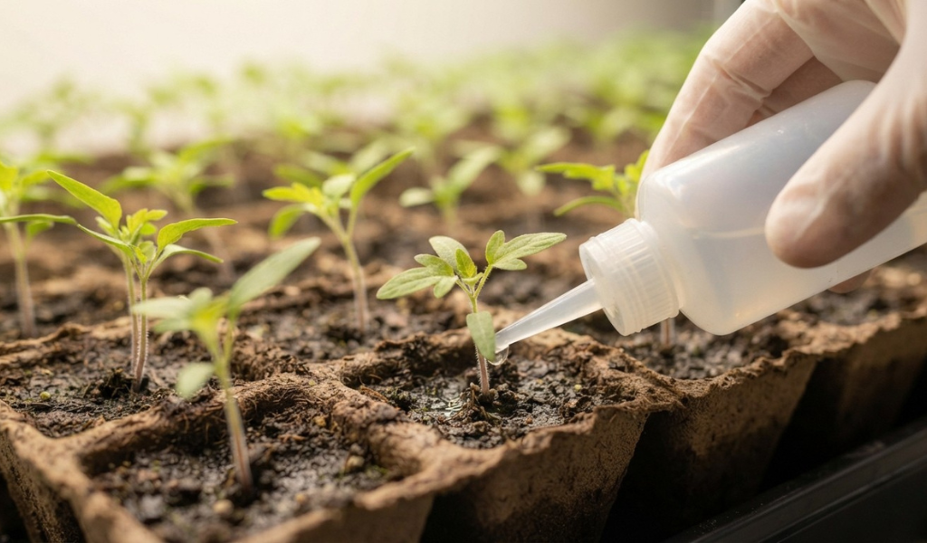 A close-up photograph of a gardener's gloved hand applying a light, diluted liquid fertilizer to the base of young tomato seedlings in a peat starter tray under nursery lights.