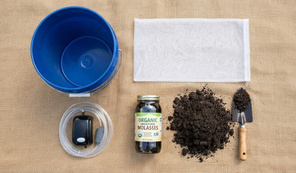 A flat-lay arrangement of all necessary DIY compost tea ingredients on burlap: 5-gallon bucket, air pump, tubing, airstone, mesh bag, molasses, and rich worm castings.