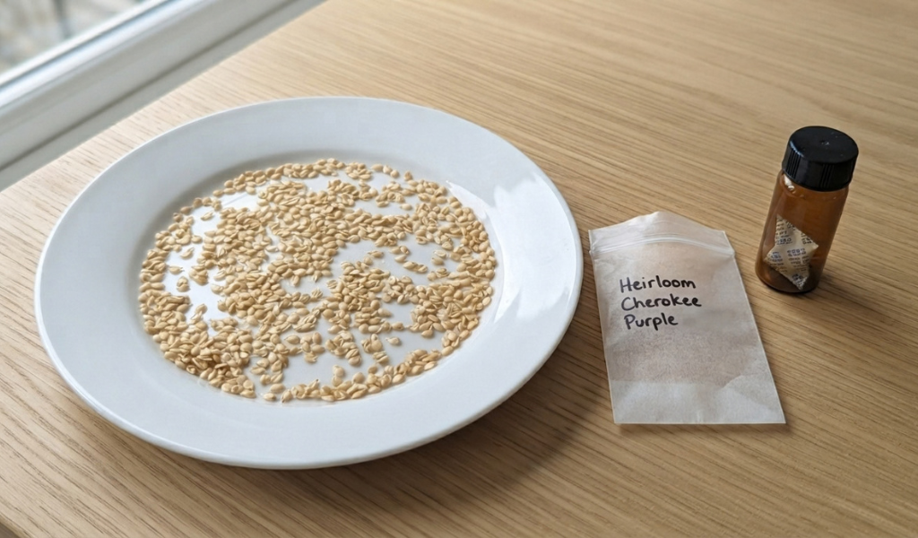 Dried tomato seeds spread thinly on a white ceramic plate, with a labeled envelope and airtight vial nearby for final storage.
