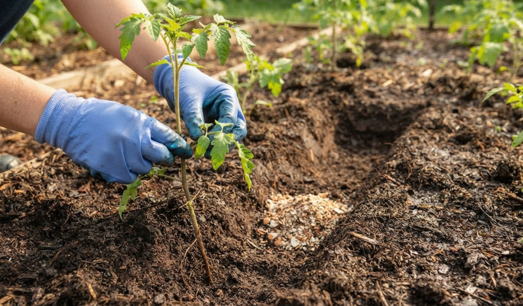 A gardener's hands pinching lower leaves off a tall tomato seedling next to a freshly dug, shallow trench in prepared garden soil.