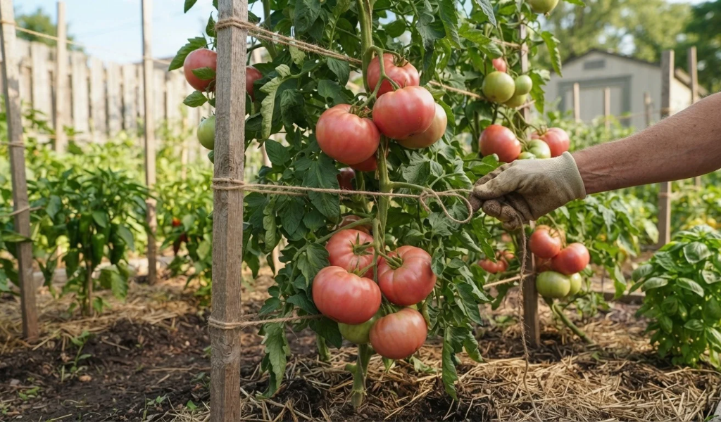 A tall, heavily-fruited indeterminate Mortgage Lifter tomato plant supported by a sturdy DIY stake and twine trellis in a lush summer garden.