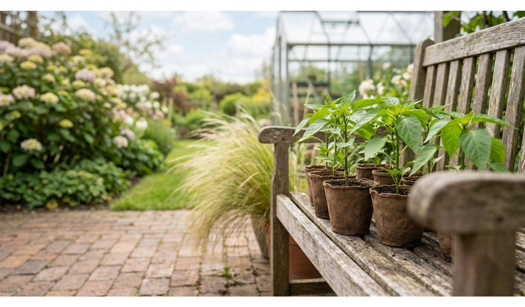Young, vibrant green pepper seedlings in small biodegradable pots sit outside on a weathered wooden bench, gently transitioning to the outdoor environment on a mild spring day before transplanting.