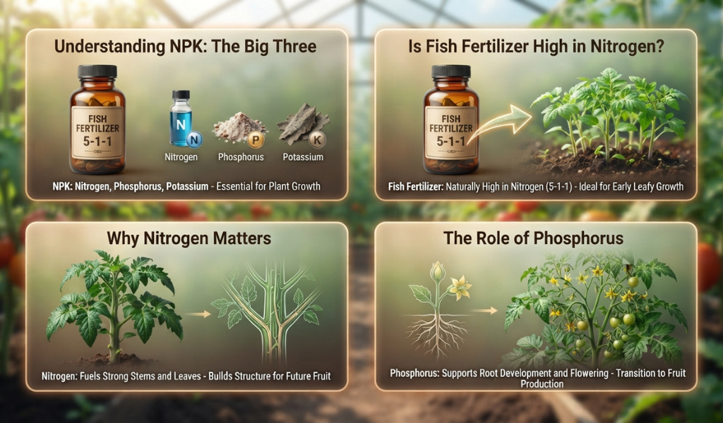 Comprehensive infographic illustrating fish fertilizer NPK ratios, the roles of Nitrogen, Phosphorus, and Potassium, and their specific benefits for tomato plant growth stages from seedling to flowering.