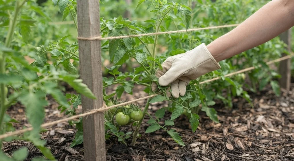 A gardener's gloved hand tucking a leafy tomato vine back into the secure channel between two established rows of jute twine on a Florida Weave trellis.