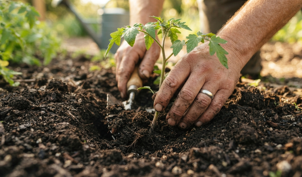 Planting a tomato seedling deep into garden soil.
