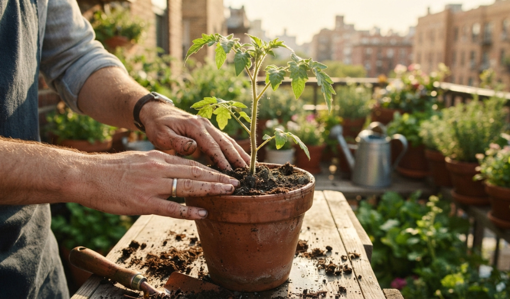 Gardener planting a seedling in a container on a sunny balcony.
