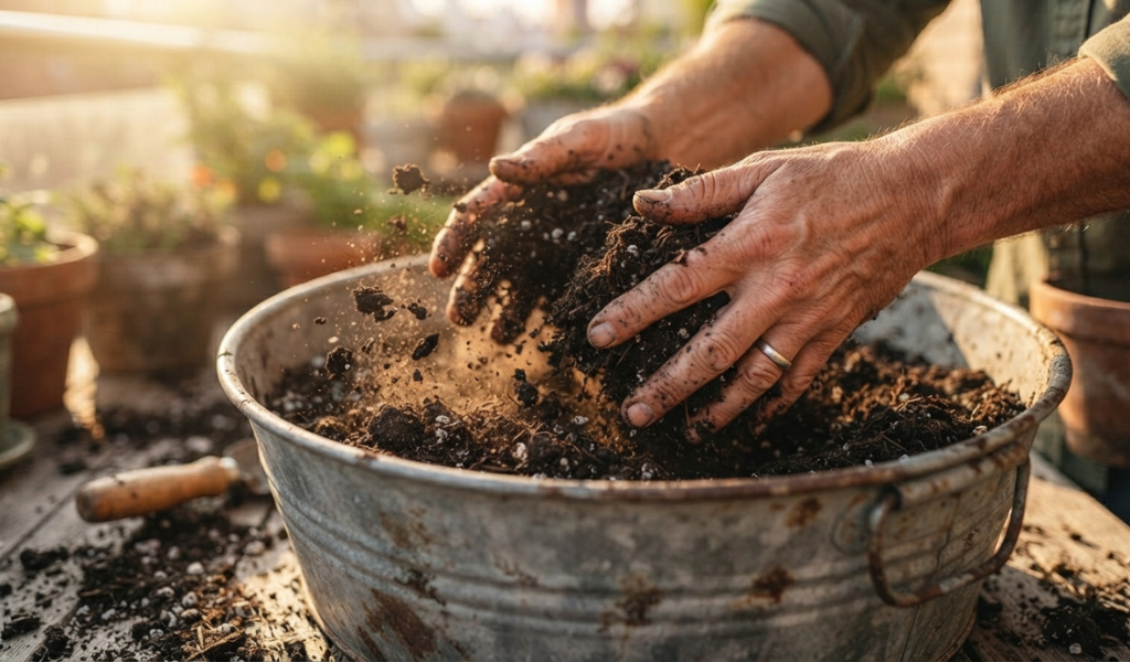 Mixing high-quality potting soil and compost in a garden container.