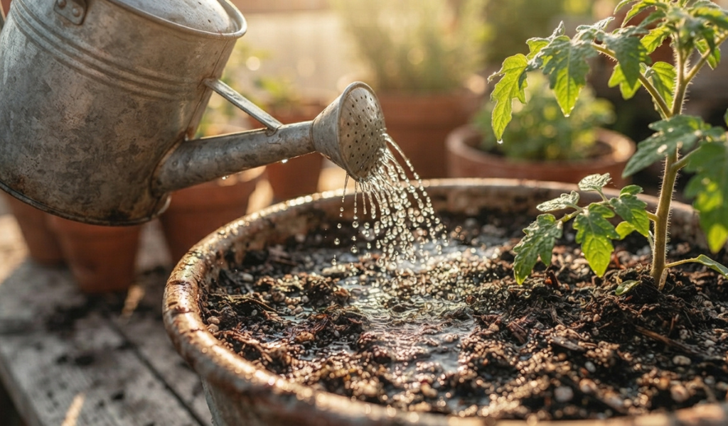 Watering a potted vegetable plant thoroughly at the soil base.