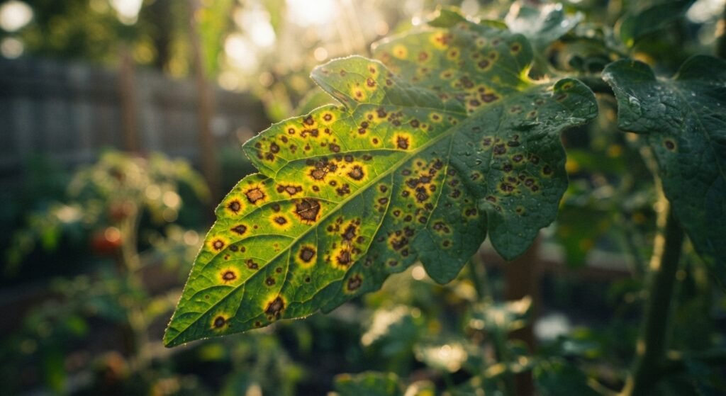 Close-up of a tomato leaf showing dark speck lesions and characteristic yellow halos