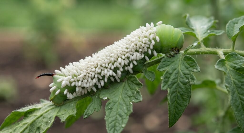Tomato hornworm parasitized by braconid wasp cocoons.