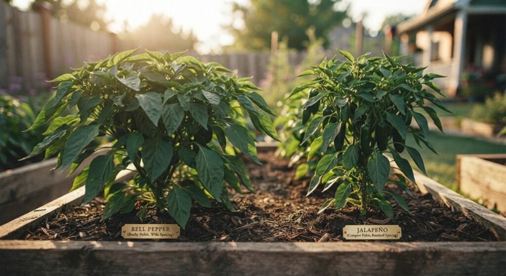 Different varieties of pepper plants showing varying plant sizes and spacing requirements"