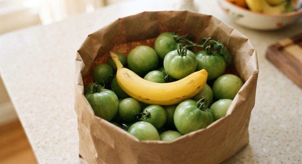 Green tomatoes and a ripe banana inside an open paper bag.