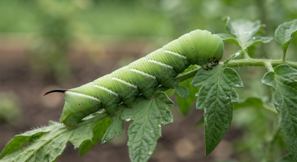 Close-up of a green tomato hornworm on a leaf.