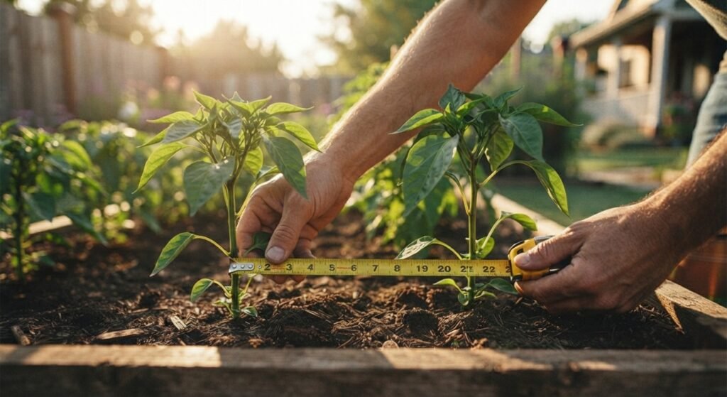 Using a tape measure to check proper spacing between pepper seedlings in a garden