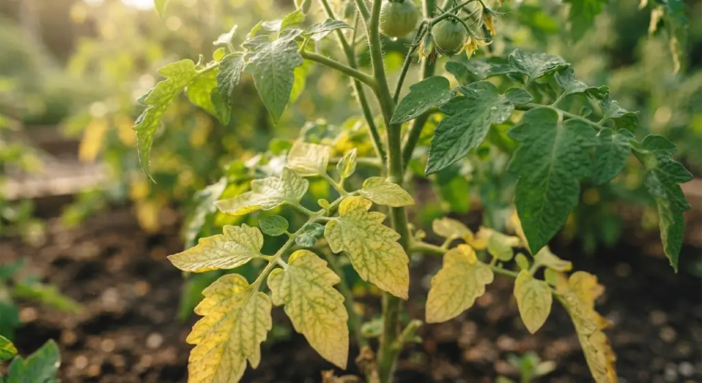 Tomato plant showing lower leaves turning yellow from nitrogen deficiency.