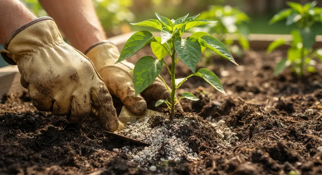 Applying bone meal to the soil during pepper transplanting.