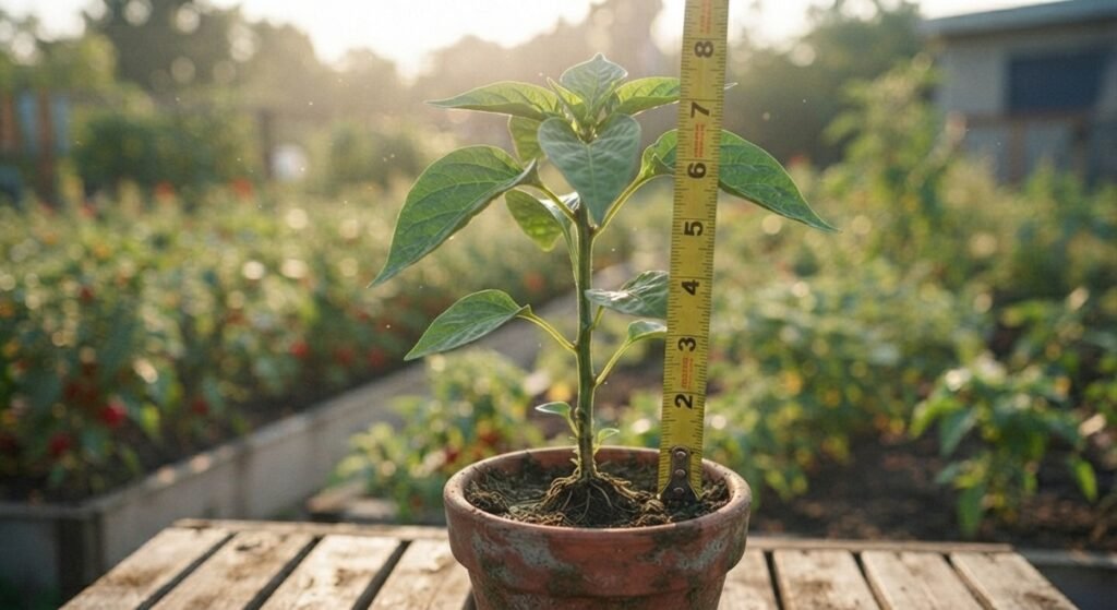 A young pepper seedling at the ideal height and growth stage for topping