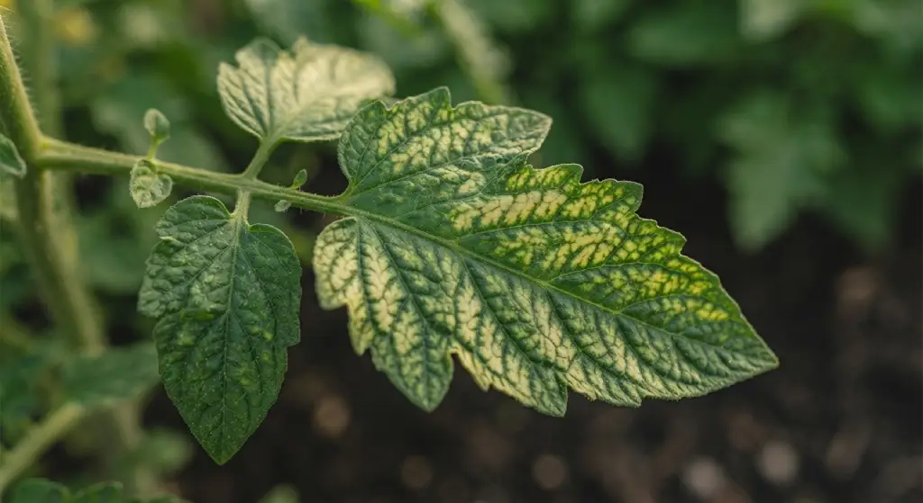 Early signs of interveinal chlorosis on a lower tomato leaf.