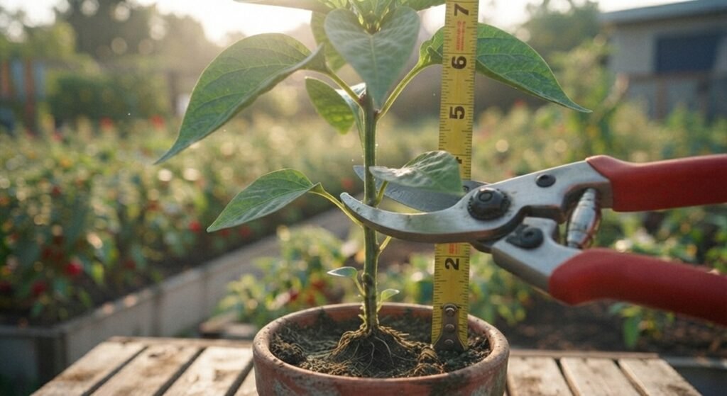 Using clean pruning shears to cut the central stem of a pepper plant right above a leaf node