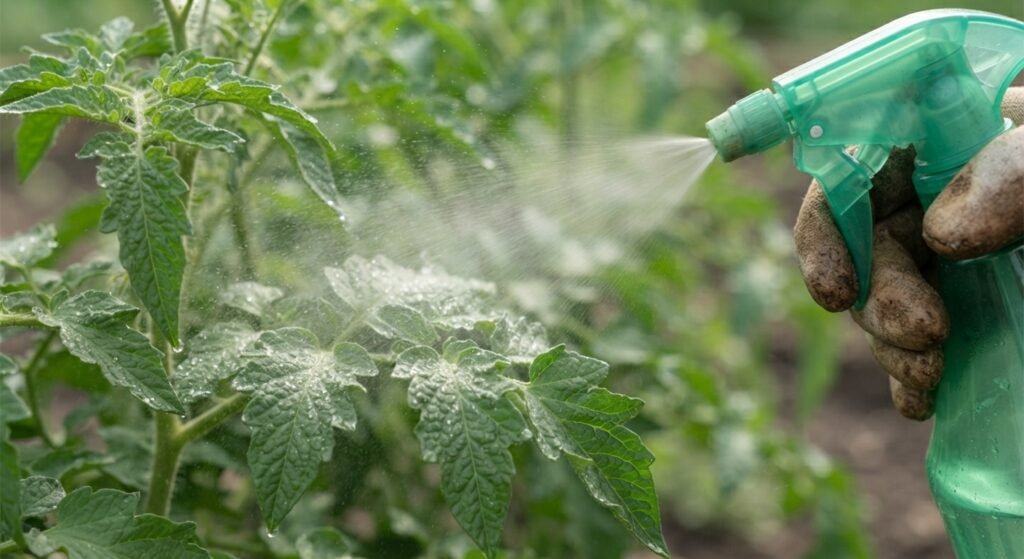 Spraying organic Bt on tomato plants.
