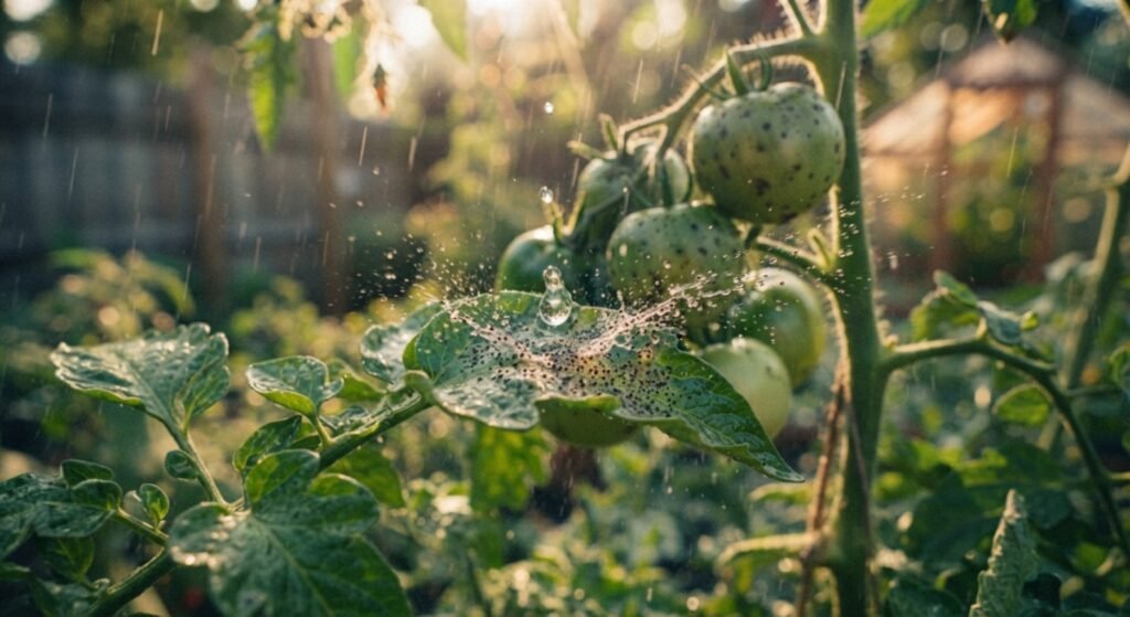 Rainwater splashing off tomato plant foliage during a wet weather event