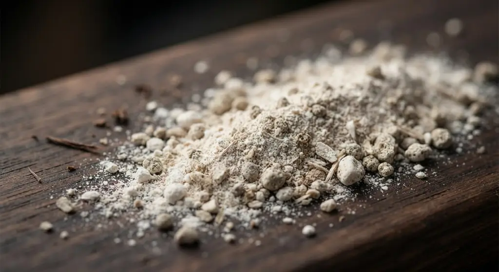 Close-up of organic bone meal powder and granules.