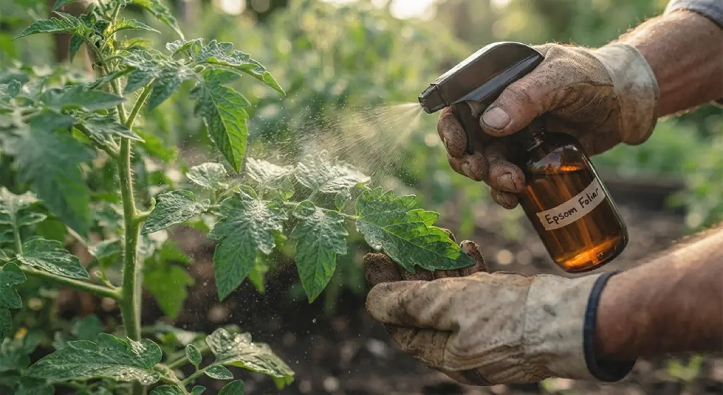 Applying an Epsom salt foliar spray to a tomato plant.
