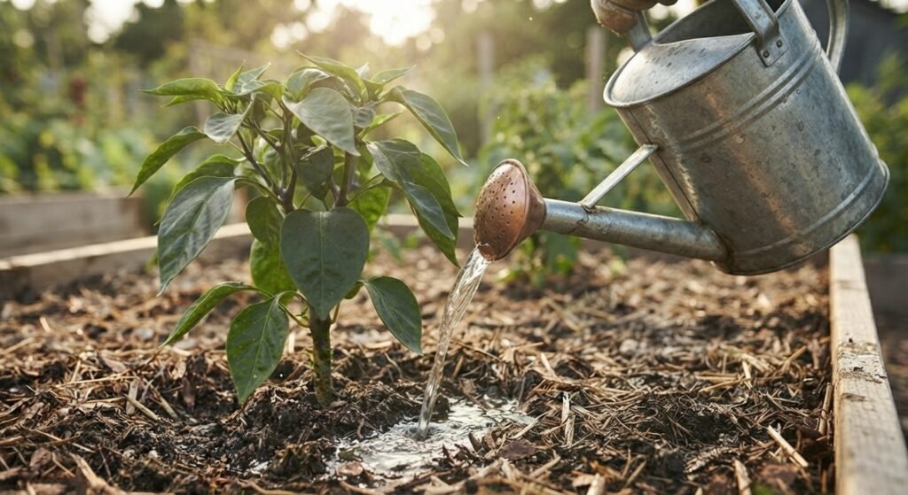 Applying an Epsom salt soil drench to pepper plants.