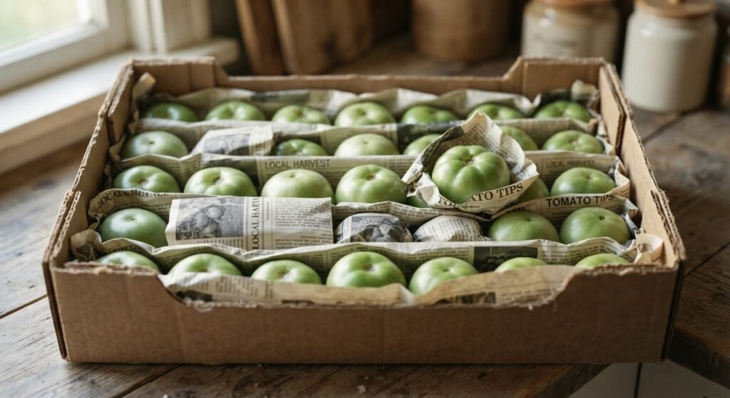 Green tomatoes arranged in a single layer with newspaper in a box