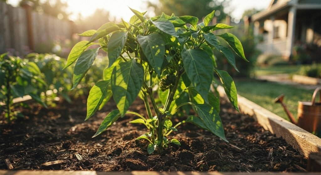 Well-spaced pepper plant leaves allowing sunlight and airflow through the canopy