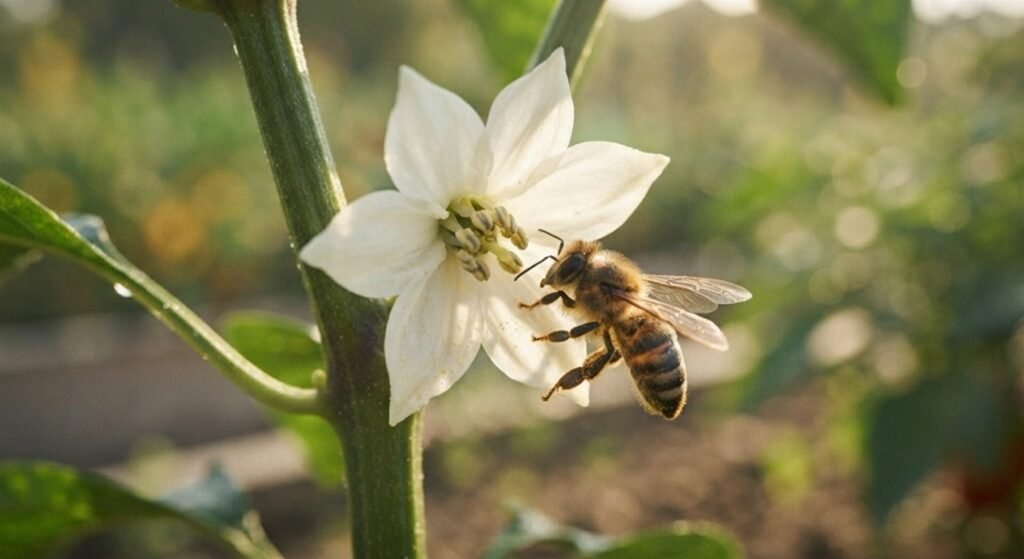 A honeybee pollinating a delicate white pepper flower in the garden