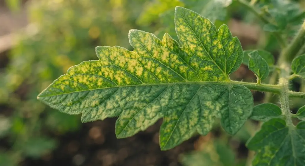 Close-up of a tomato leaf with interveinal yellowing caused by magnesium deficiency.