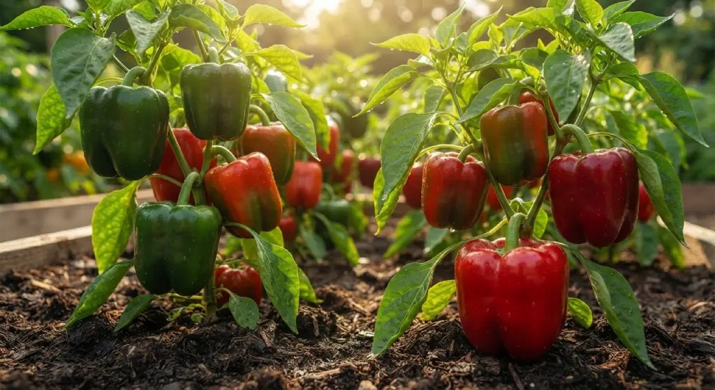 Healthy pepper plants laden with ripe peppers in a garden.