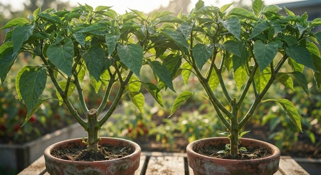 A healthy, bushy pepper plant showing strong lateral branches after being topped