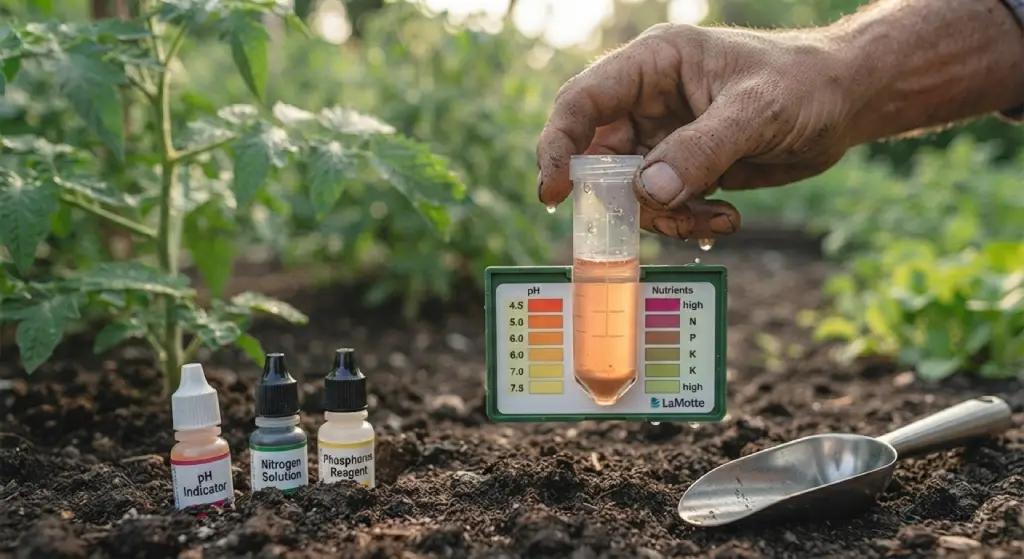 Using a soil testing kit in a garden to check nutrient levels.