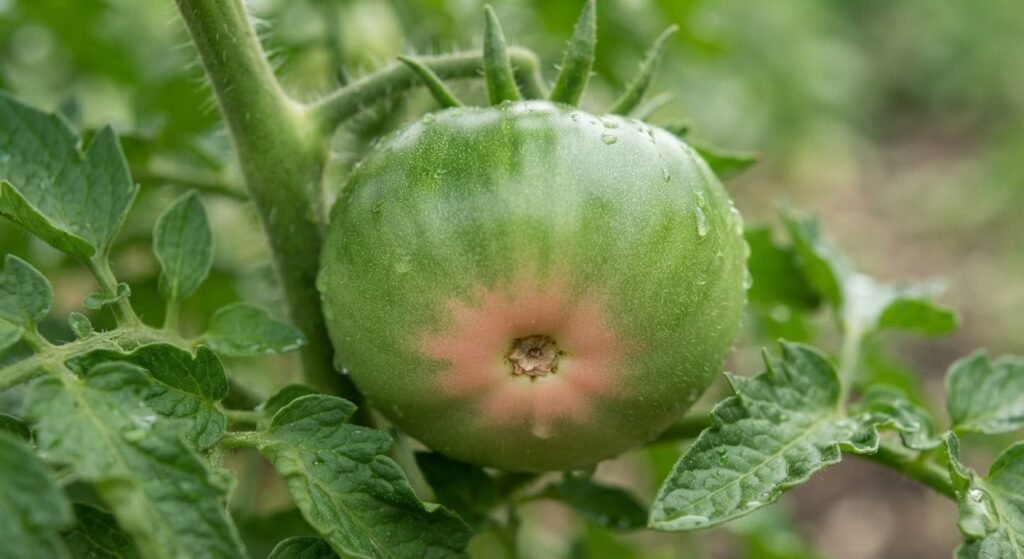 Close-up of a tomato showing the first signs of the breaker stage