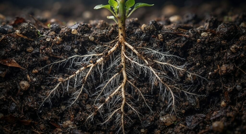 Detailed view of pepper plant root system absorbing nutrients and water from rich soil