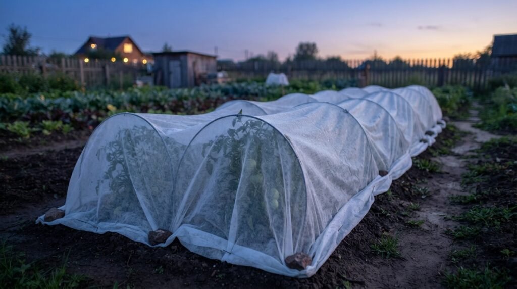 Tomato plants protected under a lightweight row cover at night.