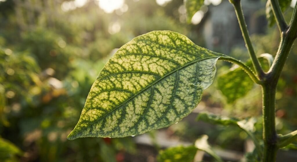 Close-up of pepper plant leaves showing magnesium deficiency symptoms.