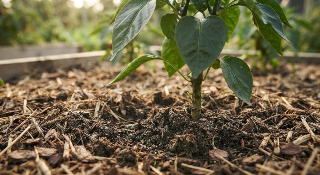 Well-mulched pepper plant growing in healthy garden soil.
