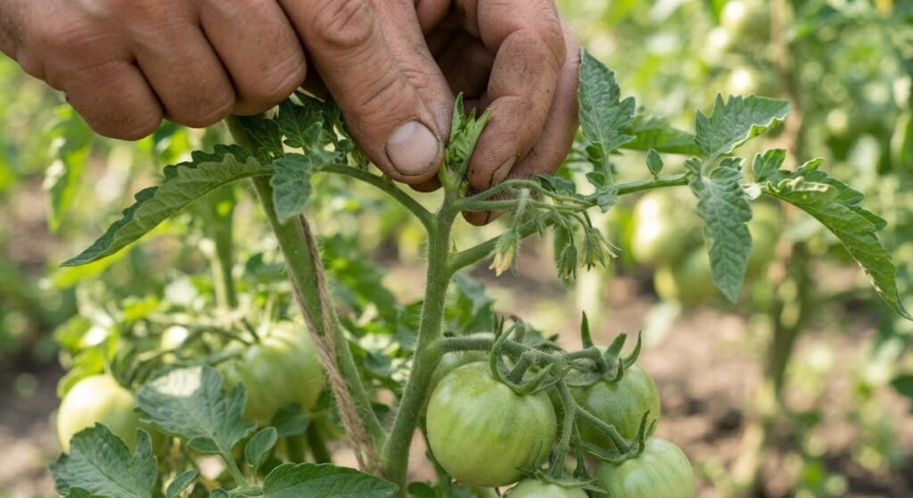 Gardener pruning the top growth of a tomato plant.