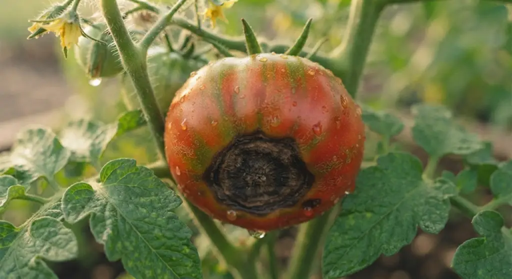 Tomato fruit showing classic signs of blossom end rot from calcium deficiency.