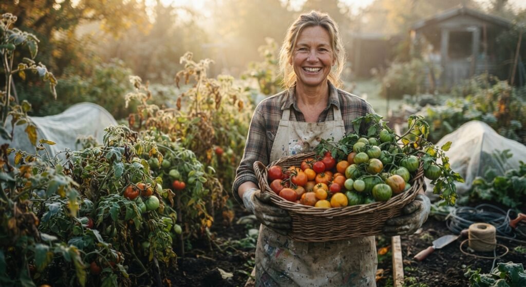 Gardener holding a basket of harvested green tomatoes in a garden.