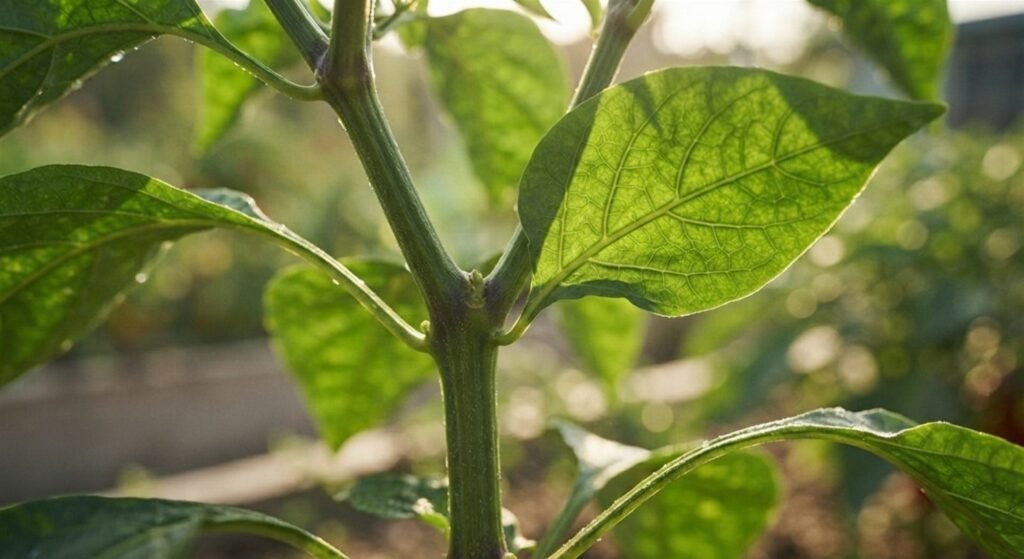 Close-up of pepper plant stem and broad green leaves performing photosynthesis