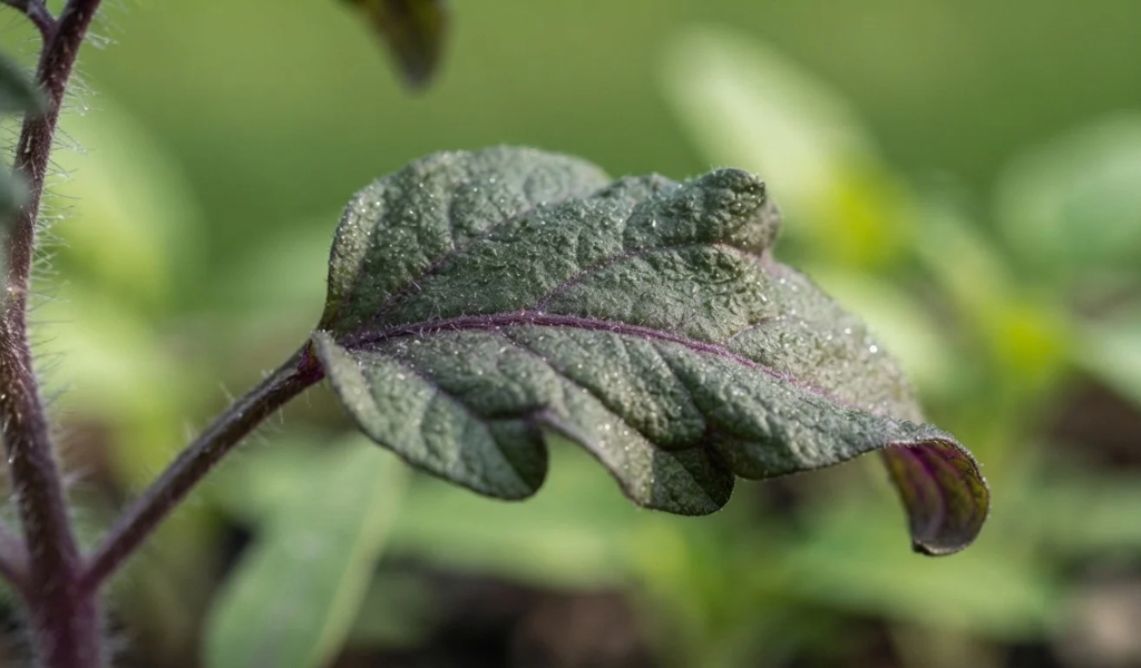 Macro photograph of a young tomato leaf underside, highlighting deep purple discoloration along the veins and margins, indicating early phosphorus deficiency.