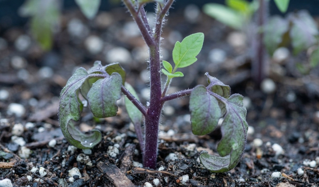 A young tomato plant showing stress, with deep purple coloration on the stem and undersides of dull, curled leaves due to cold soil temperatures.