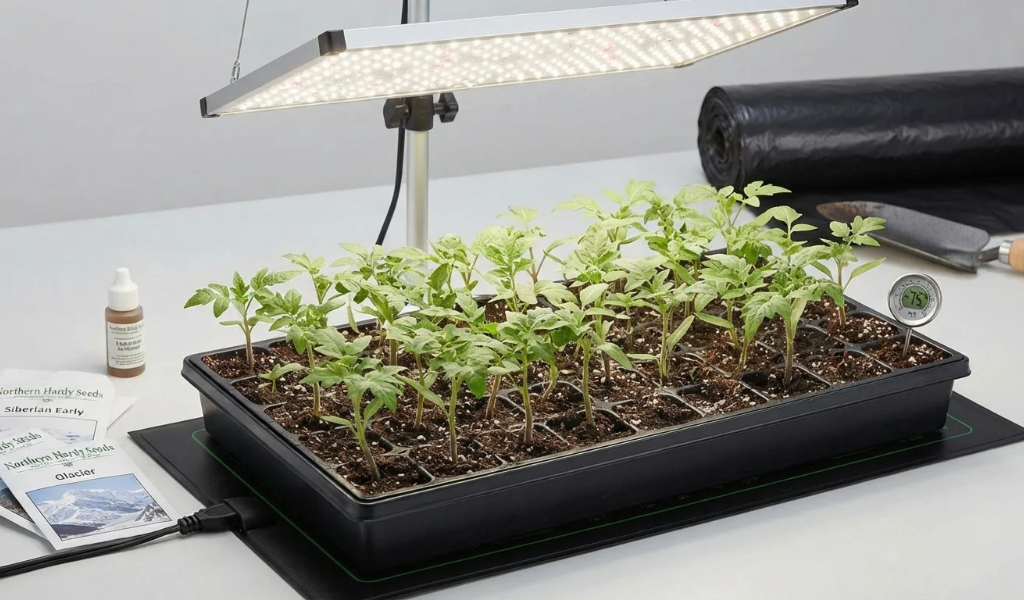 A sturdy, healthy tomato seedling in a biodegradable pot, with a thick, short stem and vibrant green leaves, grown under bright artificial light to emphasize strength.